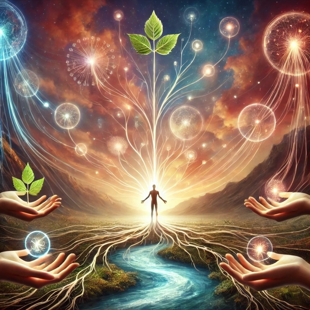 Illustration of a person standing in a glowing valley, with roots spreading from their feet toward a river and a young plant rising into a starry sky, surrounded by open hands offering seedlings and light